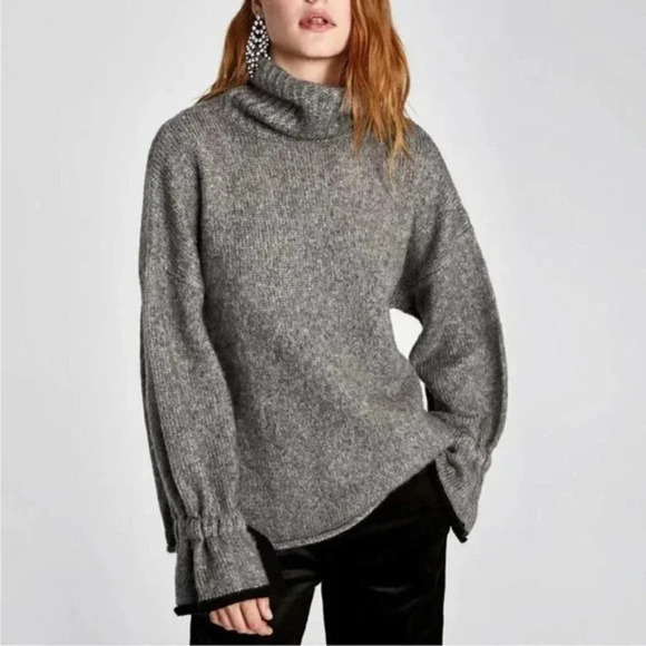 Zara Chunky Knit Turtleneck Oversized Sweater w Bow Tie Sleeve Grey Sz Small - Picture 1 of 9